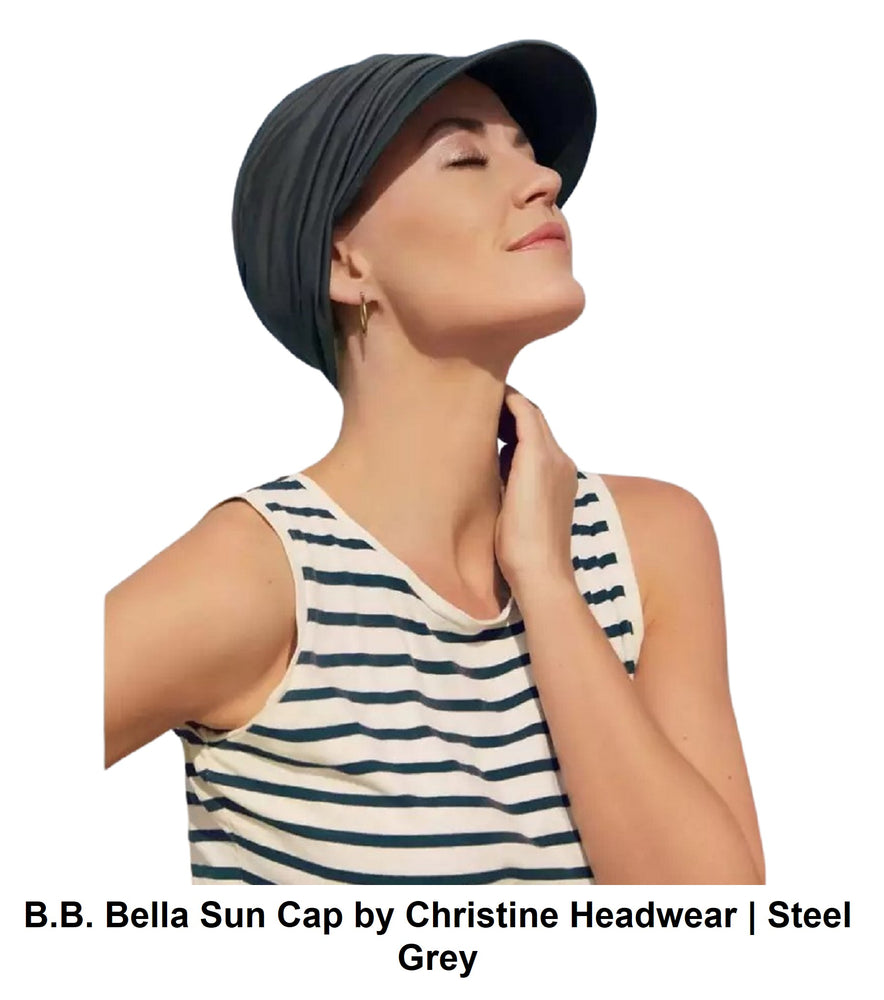 bb bella sun cap by christine headwear, chemo cap, steel grey