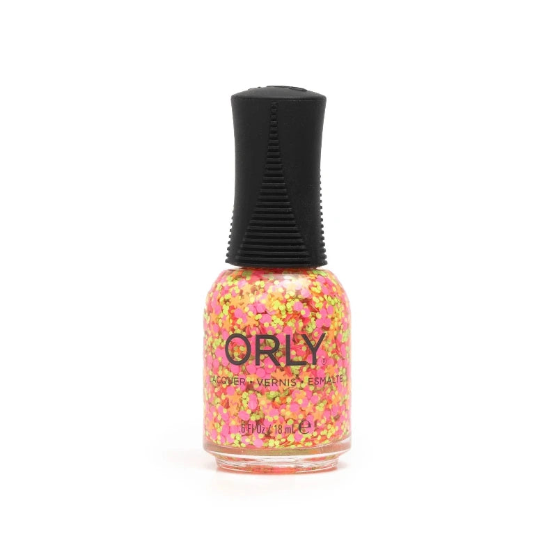 Bikini Bottoms Nail Lacquer is a vibrant starry topper featuring neon orange stars with neon pink and green dots for a playful, multi-dimensional look.