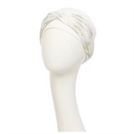 Shakti Turban Printed, Ivory w/Peacock. Its base is white, while the beautiful band features an elegant linen peacock print. It features beautiful peacock details in black and shiny gold and a fine gold trim, making it a very elegant and flattering turban.
