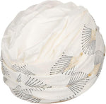 Shakti Turban Printed, Ivory w/Peacock. Its base is white, while the beautiful band features an elegant linen peacock print. It features beautiful peacock details in black and shiny gold and a fine gold trim, making it a very elegant and flattering turban.