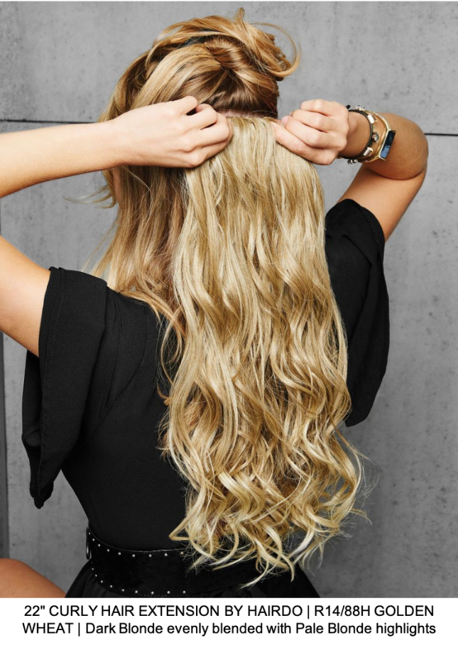 22" CURLY HAIR EXTENSION BY HAIRDO | R14/88H GOLDEN WHEAT | Dark Blonde evenly blended with Pale Blonde highlights