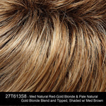 27T613S8 - MED NATURAL RED-GOLD BLONDE & PALE NATURAL GOLD BLONDE BLEND AND TIPPED, SHADED W/ MED BROWN