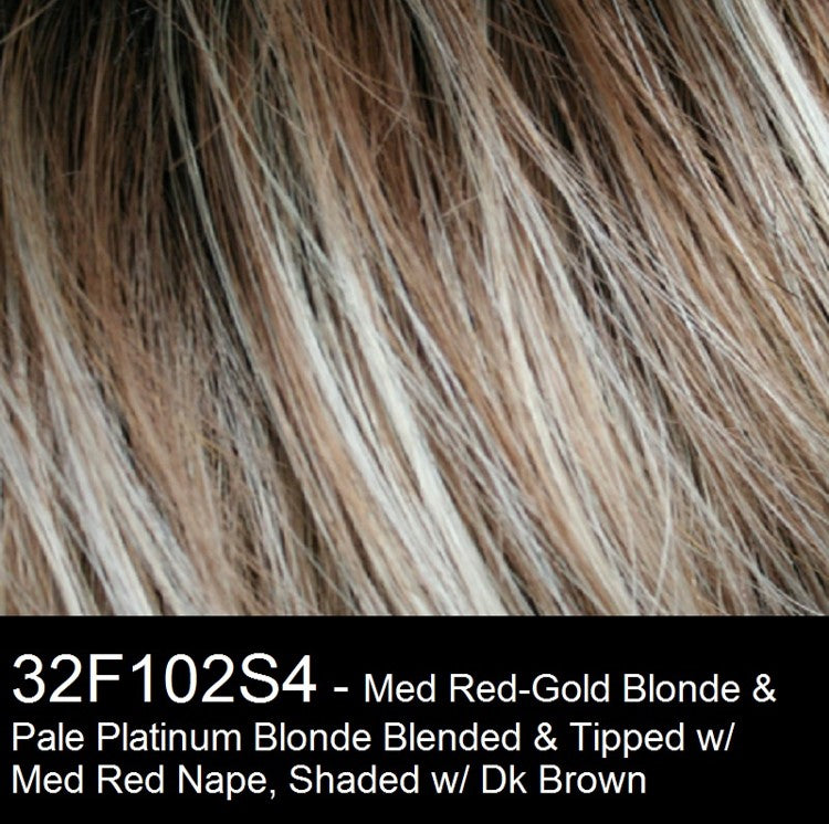 32F102S8 - MED RED-GOLD BLONDE & PALE PLATINUM BLONDE BLENDED & TIPPED W/ MED RED NAPE, SHADED W/ DK BROWN
