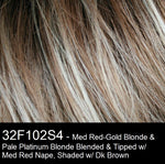 32F102S4 | Medium Red and Medium Red-Gold Blonde Blend with Pale Platinum Blonde Tips and Medium Red Nape, Shaded with Dark Brown