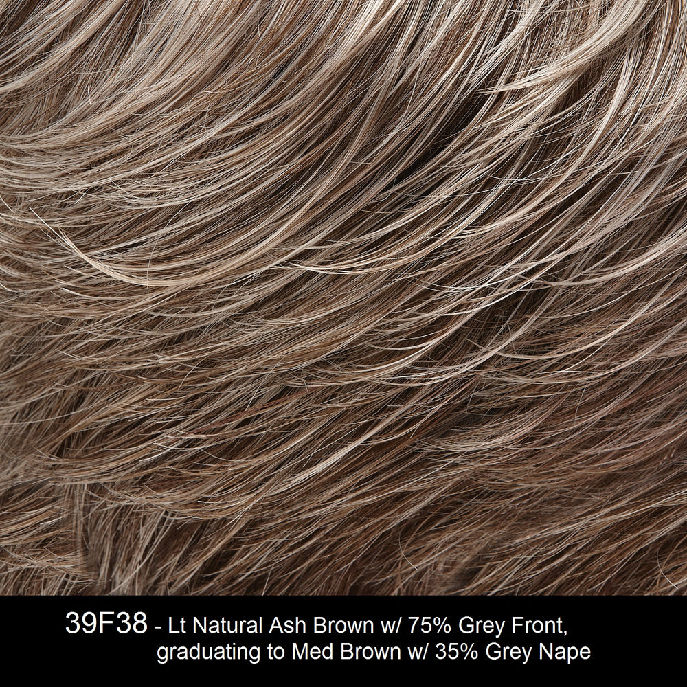 39F38 | Lt Natural Ash Brown w/ 75% Grey Front, graduating to Med Brown w/ 35% Grey Nape