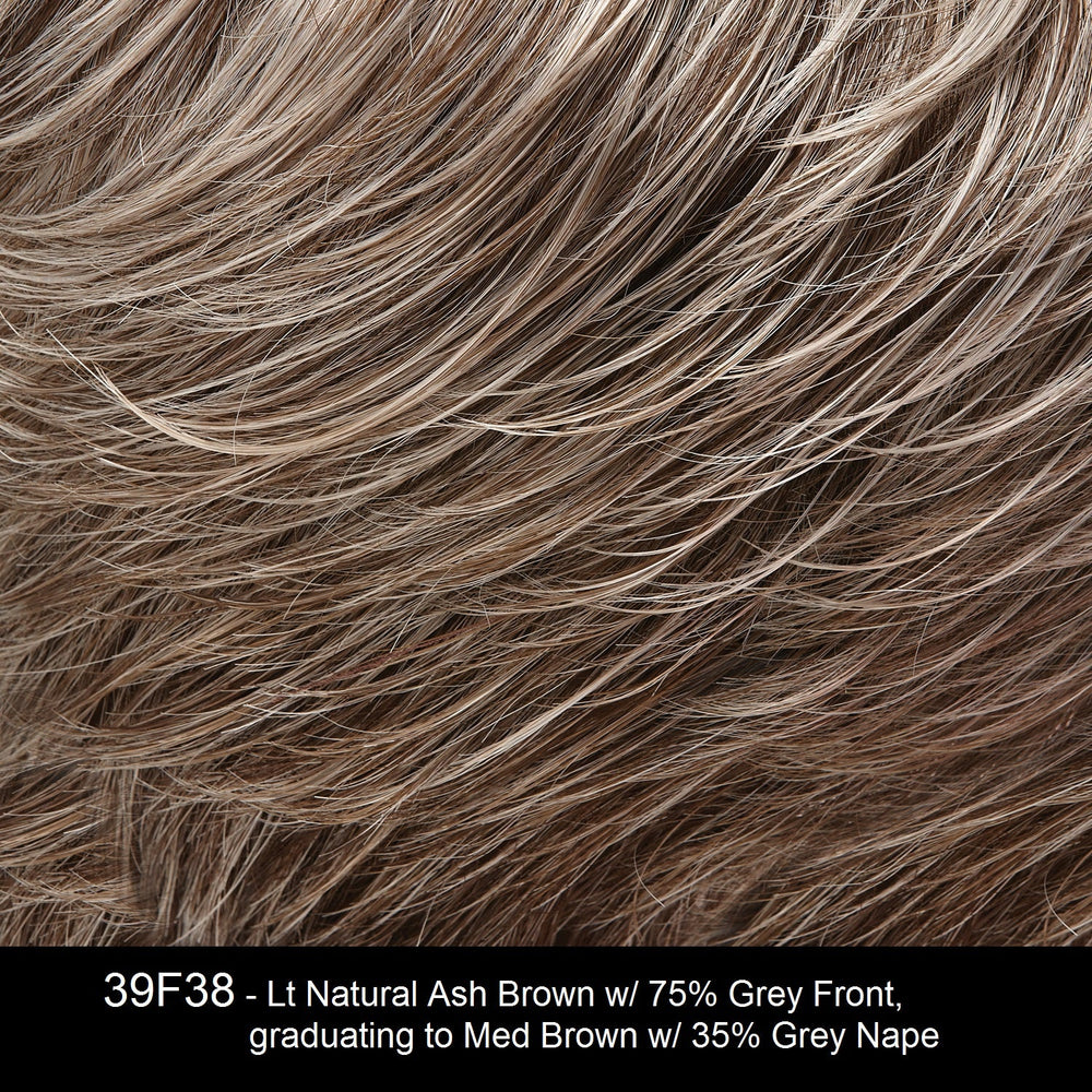 39F38 | Lt Natural Ash Brown w/ 75% Grey Front, graduating to Med Brown w/ 35% Grey Nape