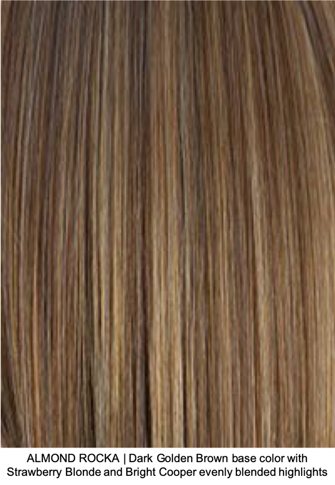 ALMOND ROCKA | Dark Golden Brown base color with Strawberry Blonde and Bright Cooper evenly blended highlights