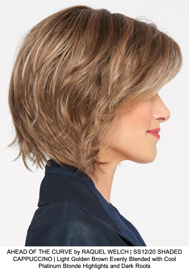 AHEAD OF THE CURVE by RAQUEL WELCH | SS12/20 SHADED CAPPUCCINO | Light Golden Brown Evenly Blended with Cool Platinum Blonde Highlights and Dark Roots
