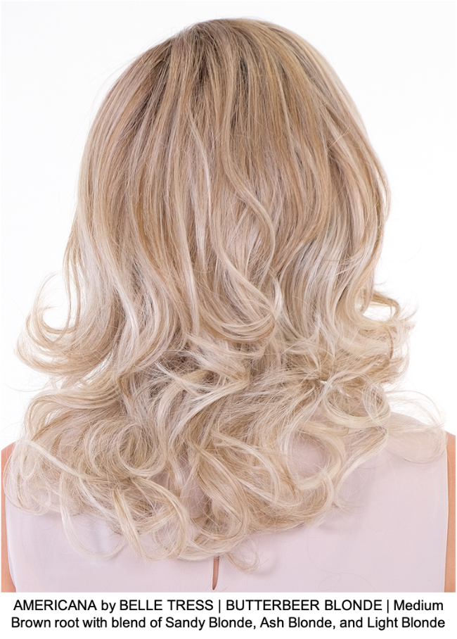 AMERICANA by BELLE TRESS | BUTTERBEER BLONDE | Medium Brown root with blend of Sandy Blonde, Ash Blonde, and Light Blonde 