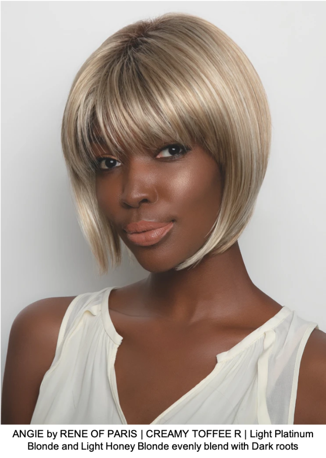 ANGIE by RENE OF PARIS | CREAMY TOFFEE R | Light Platinum Blonde and Light Honey Blonde evenly blend with Dark roots