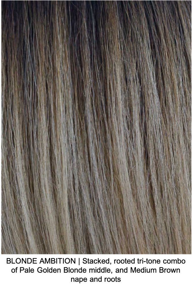 BLONDE AMBITION | Stacked, rooted tri-tone combo of Pale Golden Blonde middle, and Medium Brown nape and roots