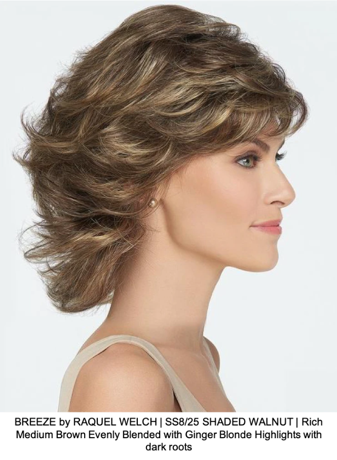 BREEZE by RAQUEL WELCH | SS8/25 SHADED WALNUT | Rich Medium Brown Evenly Blended with Ginger Blonde Highlights with dark roots