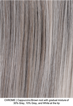 CHROME | Cappuccino Brown root with gradual mixture of 30% Gray, 10% Gray, and White at the tip