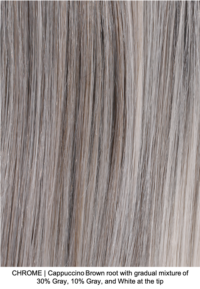 CHROME | Cappuccino Brown root with gradual mixture of 30% Gray, 10% Gray, and White at the tip