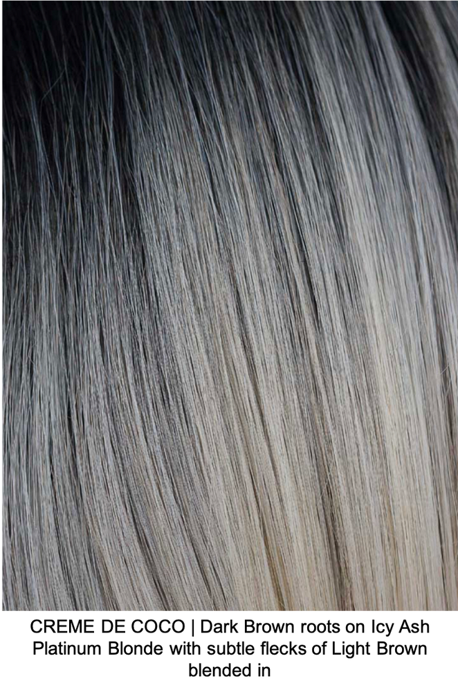 CREME DE COCO | Dark Brown roots on Icy Ash Platinum Blonde with subtle flecks of Light Brown blended in