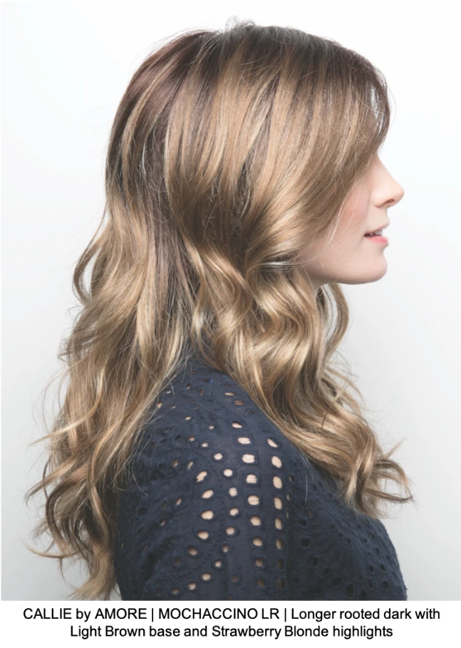 CALLIE by AMORE | MOCHACCINO LR | Longer rooted dark with Light Brown base and Strawberry Blonde highlights
