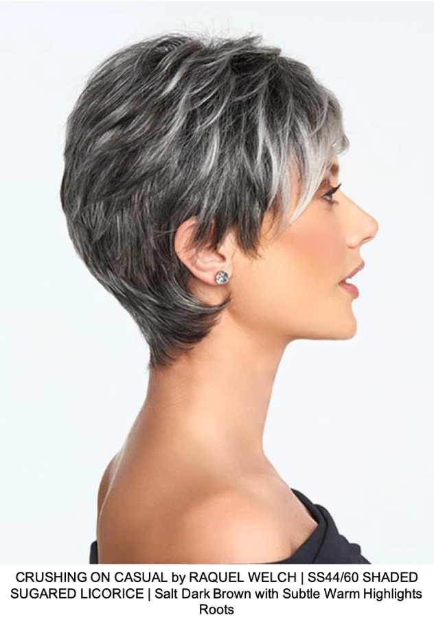 CRUSHING ON CASUAL by RAQUEL WELCH | SS44/60 SHADED SUGARED LICORICE | Salt Dark Brown with Subtle Warm Highlights Roots