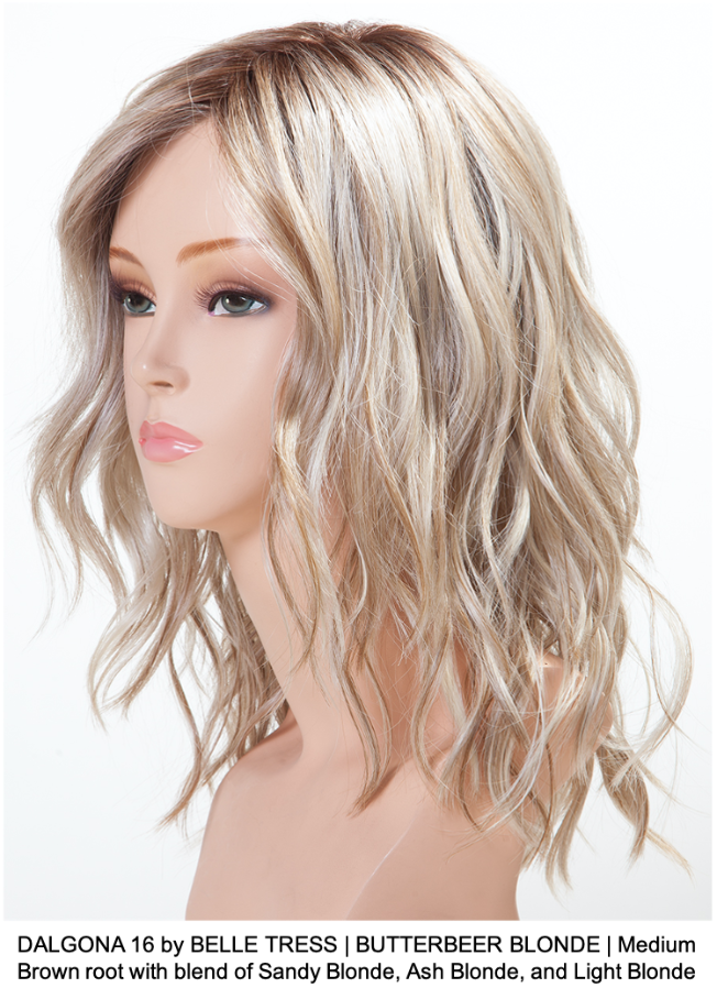DALGONA 16 by BELLE TRESS | BUTTERBEER BLONDE | Medium Brown root with blend of Sandy Blonde, Ash Blonde, and Light Blonde 
