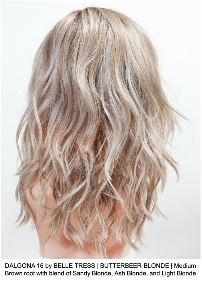 DALGONA 16 by BELLE TRESS | BUTTERBEER BLONDE | Medium Brown root with blend of Sandy Blonde, Ash Blonde, and Light Blonde 