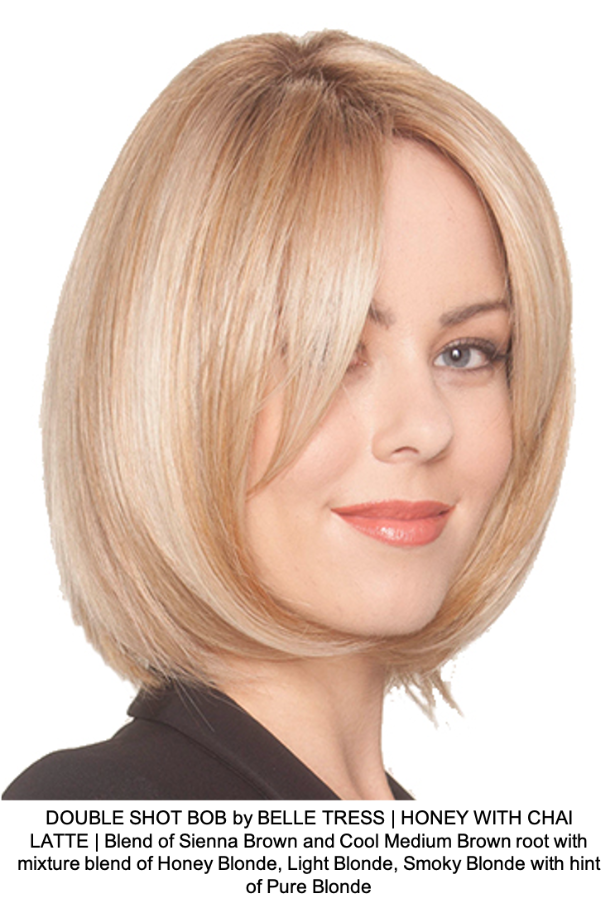 DOUBLE SHOT BOB by BELLE TRESS | HONEY WITH CHAI LATTE | Blend of Sienna Brown and Cool Medium Brown root with mixture blend of Honey Blonde, Light Blonde, Smoky Blonde with hint of Pure Blonde 