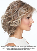 EDITOR’S PICK ELITE by RAQUEL WELCH | RL12/22SS SHADED CAPPUCCINO | Light Golden Brown Evenly Blended with Cool Platinum Blonde Highlights with Dark Roots