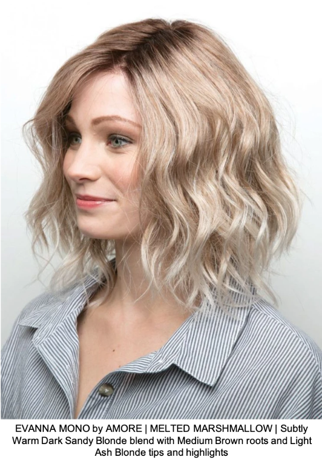 EVANNA MONO by AMORE | MELTED MARSHMALLOW | Subtly Warm Dark Sandy Blonde blend with Medium Brown roots and Light Ash Blonde tips and highlights