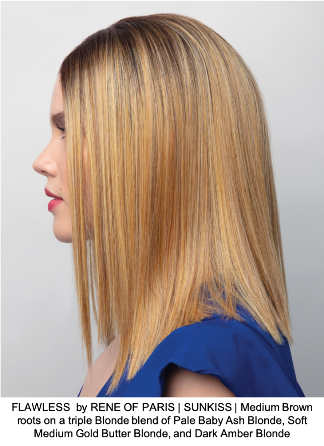 FLAWLESS  by RENE OF PARIS | SUNKISS | Medium Brown roots on a triple Blonde blend of Pale Baby Ash Blonde, Soft Medium Gold Butter Blonde, and Dark Amber Blonde