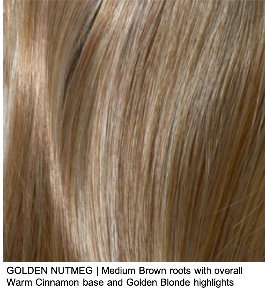 GOLDEN NUTMEG | Medium Brown roots with overall Warm Cinnamon base and Golden Blonde highlights