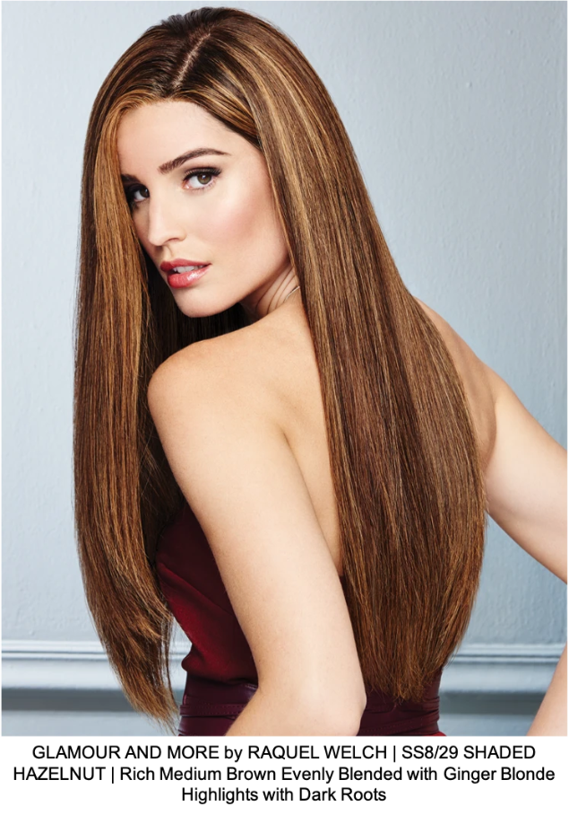 GLAMOUR AND MORE by RAQUEL WELCH | SS8/29 SHADED HAZELNUT | Rich Medium Brown Evenly Blended with Ginger Blonde Highlights with Dark Roots