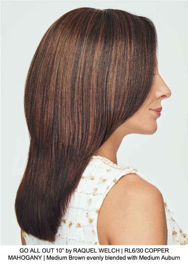 GO ALL OUT 10” by RAQUEL WELCH | RL6/30 COPPER MAHOGANY | Medium Brown evenly blended with Medium Auburn 