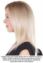 HUMAN HAIR LACE FRONT MONO TOP 14” HAIRPIECE by BELLE TRESS | HONEY CHAI ROOT | Blend of Sienna Brown and Cool Medium Brown root with mixture of Honey Blonde, Light Blonde, Smoky Blonde with hint of Pure Blonde