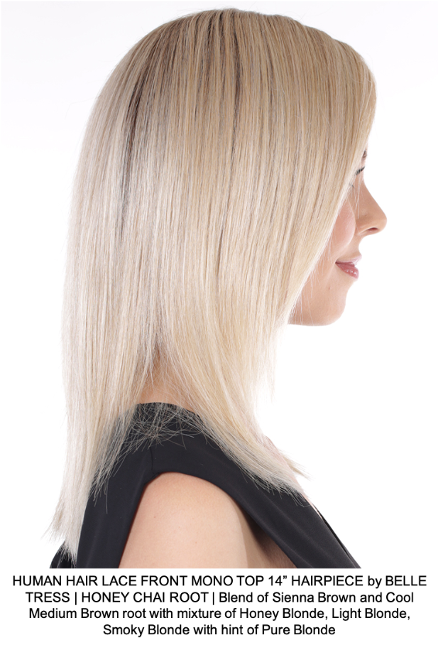 HUMAN HAIR LACE FRONT MONO TOP 14” HAIRPIECE by BELLE TRESS | HONEY CHAI ROOT | Blend of Sienna Brown and Cool Medium Brown root with mixture of Honey Blonde, Light Blonde, Smoky Blonde with hint of Pure Blonde