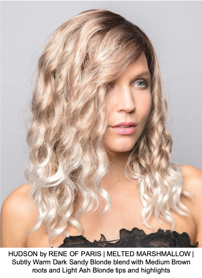 HUDSON by RENE OF PARIS | MELTED MARSHMALLOW | Subtly Warm Dark Sandy Blonde blend with Medium Brown roots and Light Ash Blonde tips and highlights