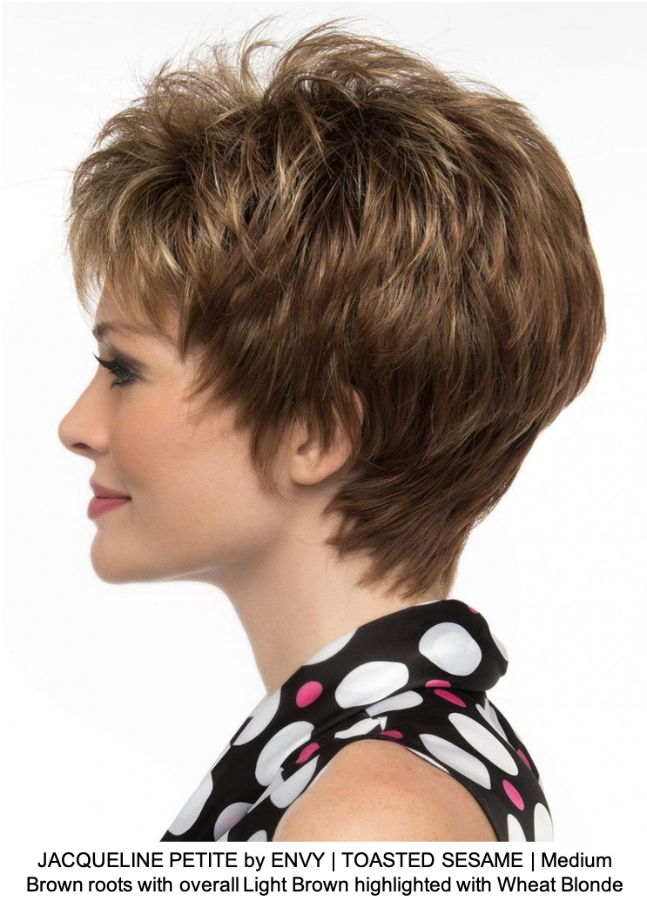 JACQUELINE PETITE by ENVY | TOASTED SESAME | Medium Brown roots with overall Light Brown highlighted with Wheat Blonde