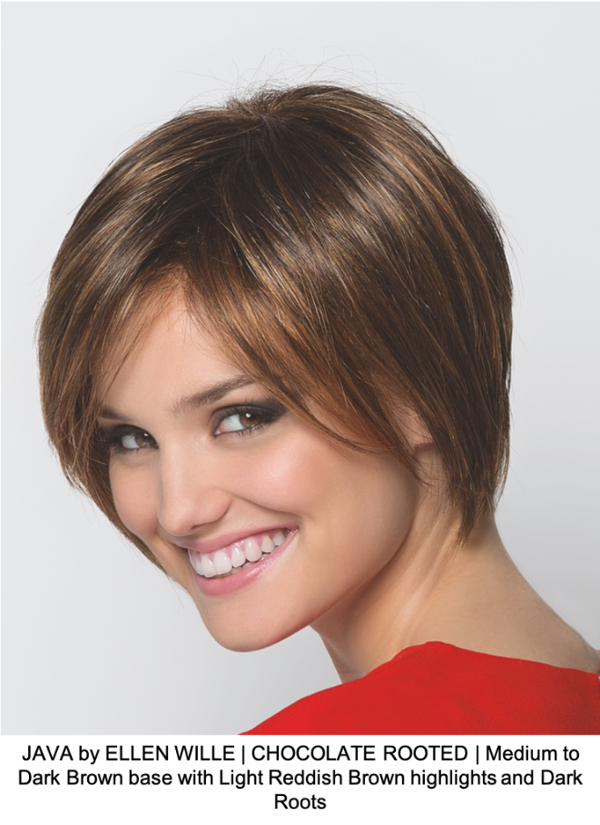 JAVA by ELLEN WILLE | CHOCOLATE ROOTED | Medium to Dark Brown base with Light Reddish Brown highlights and Dark Roots