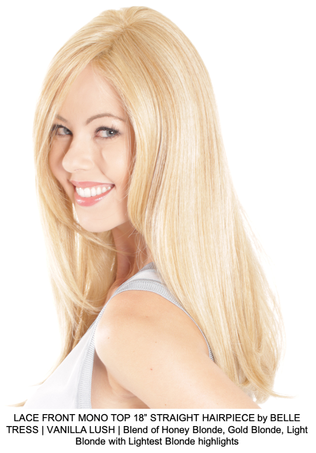 LACE FRONT MONO TOP 18” STRAIGHT HAIRPIECE by BELLE TRESS | VANILLA LUSH | Blend of Honey Blonde, Gold Blonde, Light Blonde with Lightest Blonde highlights 