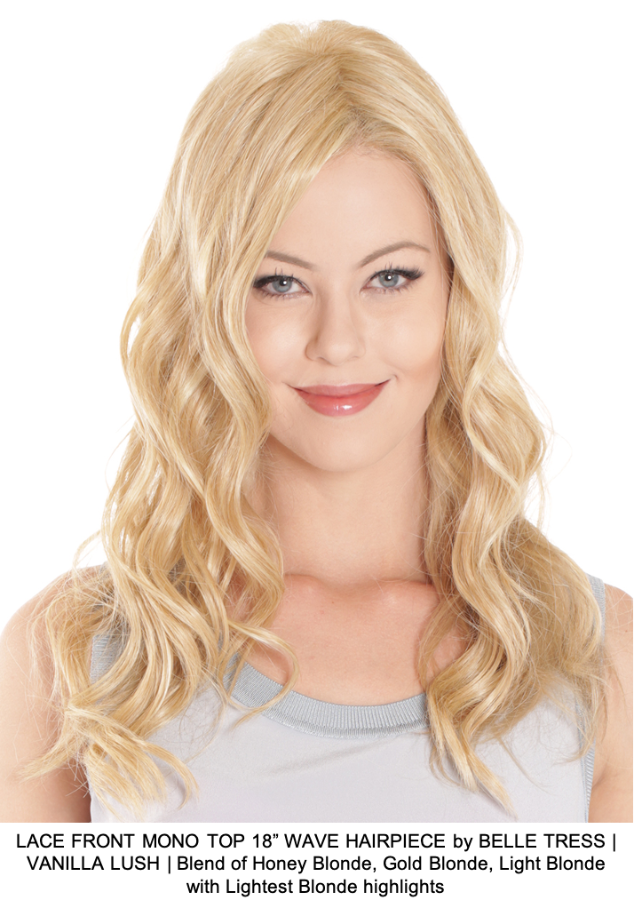 LACE FRONT MONO TOP 18” WAVE HAIRPIECE by BELLE TRESS | VANILLA LUSH | Blend of Honey Blonde, Gold Blonde, Light Blonde with Lightest Blonde highlights 