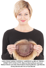 LACE FRONT MONO TOPPER 6” HAIRPIECE by BELLE TRESS | HONEY WITH CHAI LATTE | Blend of Sienna Brown and Cool Medium Brown root with mixture blend of Honey Blonde, Light Blonde, Smoky Blonde with hint of Pure Blonde 
