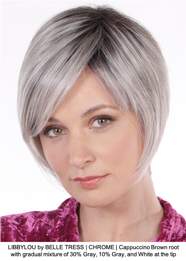 LIBBYLOU by BELLE TRESS | CHROME | Cappuccino Brown root with gradual mixture of 30% Gray, 10% Gray, and White at the tip