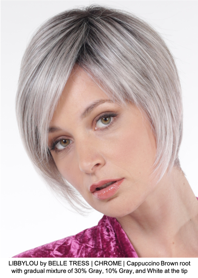 LIBBYLOU by BELLE TRESS | CHROME | Cappuccino Brown root with gradual mixture of 30% Gray, 10% Gray, and White at the tip
