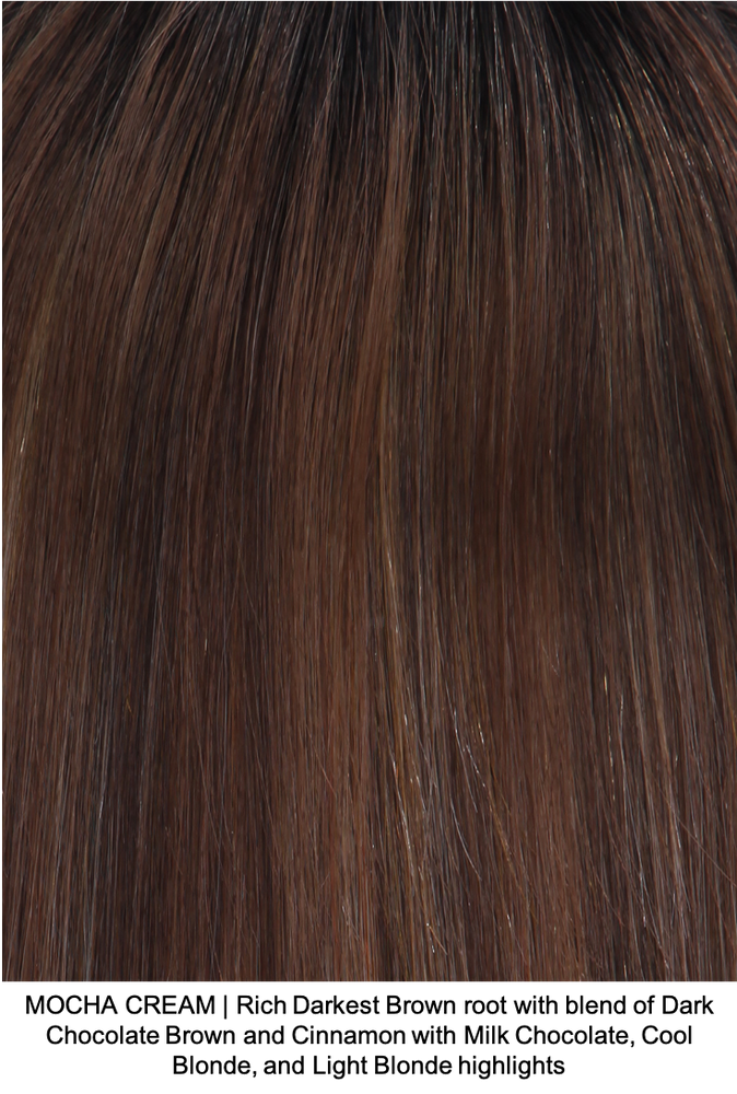 MOCHA CREAM | Rich Darkest Brown root with blend of Dark Chocolate Brown and Cinnamon with Milk Chocolate, Cool Blonde, and Light Blonde highlights 