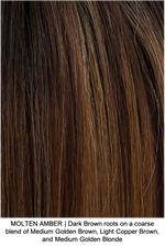 MOLTEN AMBER | Dark Brown roots on a coarse blend of Medium Golden Brown, Light Copper Brown, and Medium Golden Blonde