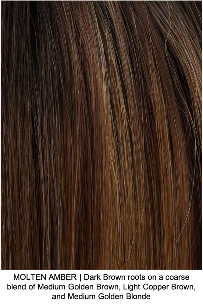 MOLTEN AMBER | Dark Brown roots on a coarse blend of Medium Golden Brown, Light Copper Brown, and Medium Golden Blonde