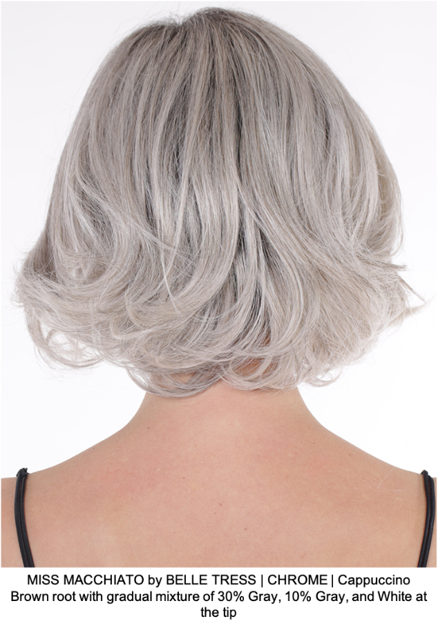 MISS MACCHIATO by BELLE TRESS | CHROME | Cappuccino Brown root with gradual mixture of 30% Gray, 10% Gray, and White at the tip