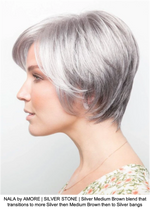 NALA by AMORE | SILVER STONE | Silver Medium Brown blend that transitions to more Silver then Medium Brown then to Silver bangs
