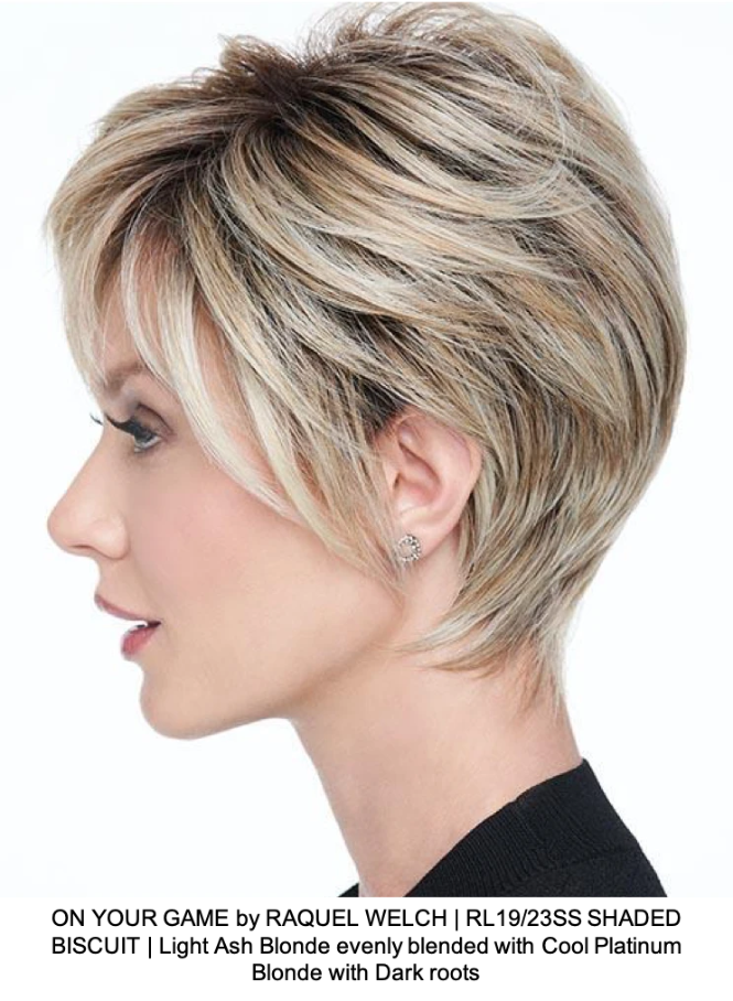 ON YOUR GAME by RAQUEL WELCH | RL19/23SS SHADED BISCUIT | Light Ash Blonde evenly blended with Cool Platinum Blonde with Dark roots