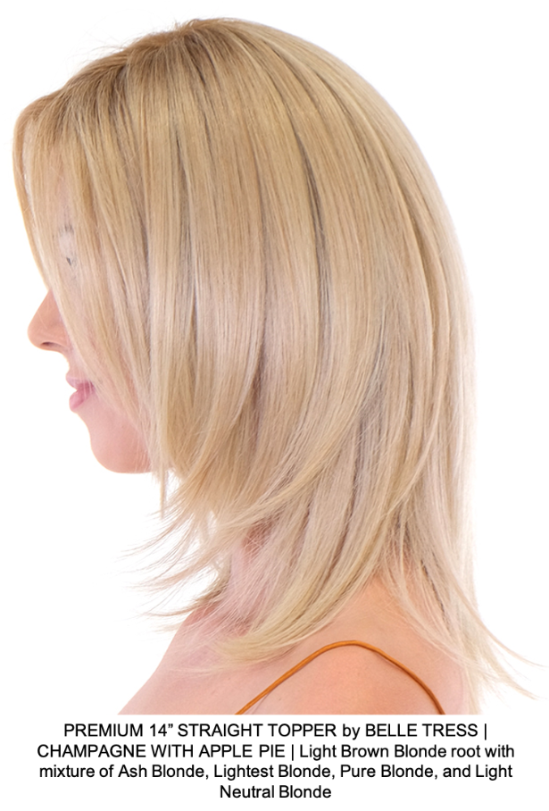 PREMIUM 14” STRAIGHT TOPPER by BELLE TRESS | CHAMPAGNE WITH APPLE PIE | Light Brown Blonde root with mixture of Ash Blonde, Lightest Blonde, Pure Blonde, and Light Neutral Blonde 