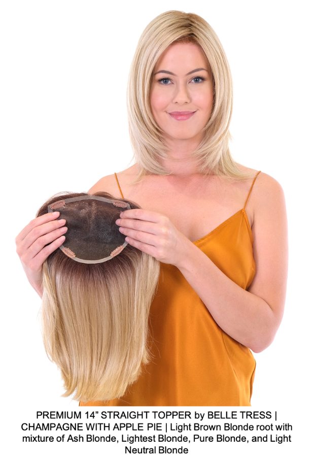 PREMIUM 14” STRAIGHT TOPPER by BELLE TRESS | CHAMPAGNE WITH APPLE PIE | Light Brown Blonde root with mixture of Ash Blonde, Lightest Blonde, Pure Blonde, and Light Neutral Blonde 