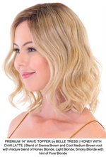 PREMIUM 14” WAVE TOPPER by BELLE TRESS | HONEY WITH CHAI LATTE | Blend of Sienna Brown and Cool Medium Brown root with mixture blend of Honey Blonde, Light Blonde, Smoky Blonde with hint of Pure Blonde 