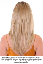 PREMIUM 18” STRAIGHT TOPPER by BELLE TRESS | HONEY WITH CHAI LATTE | Blend of Sienna Brown and Cool Medium Brown root with mixture blend of Honey Blonde, Light Blonde, Smoky Blonde with hint of Pure Blonde 